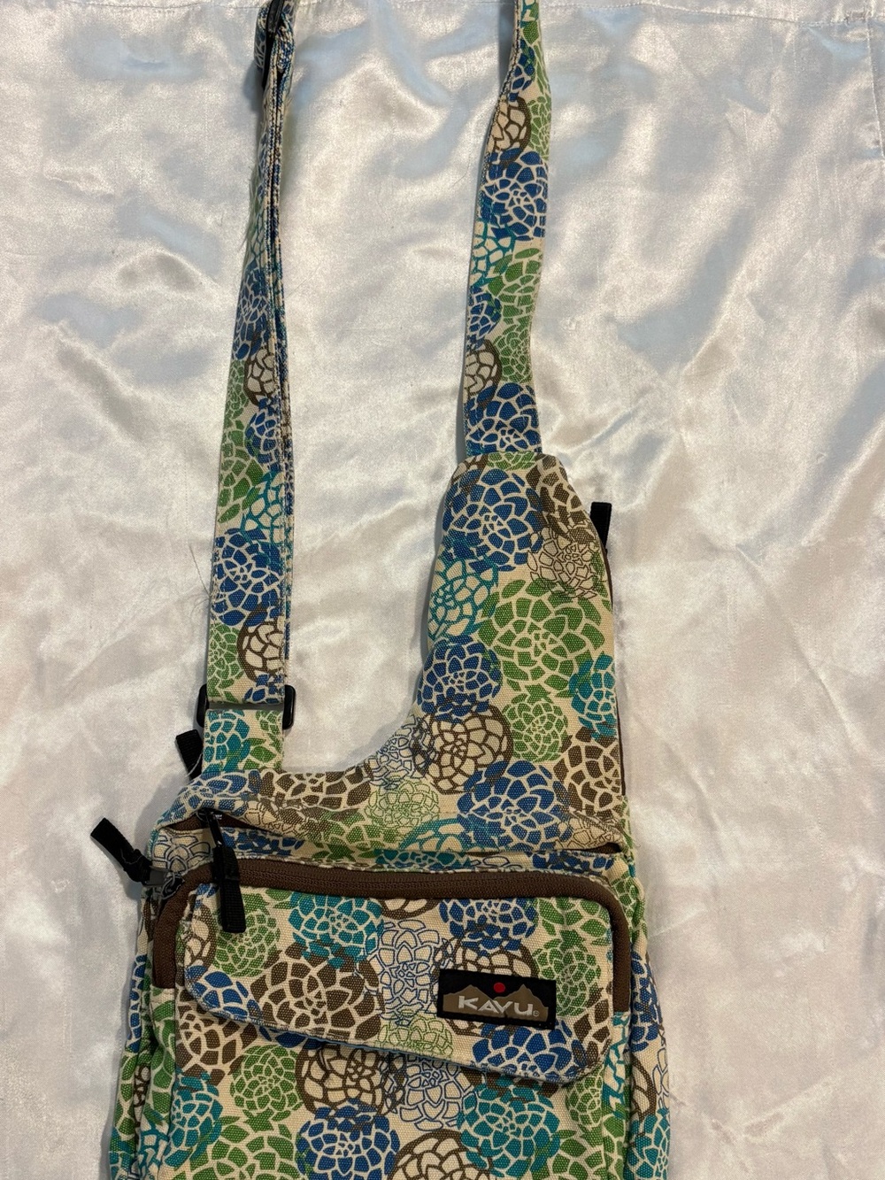 KAVU Floral Crossbody Rope Sling Bag Blue Green Brown Cotton Canvas